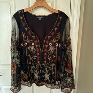 American Eagle Outfitters Sheer Black Blouse with Colorful Embroidery